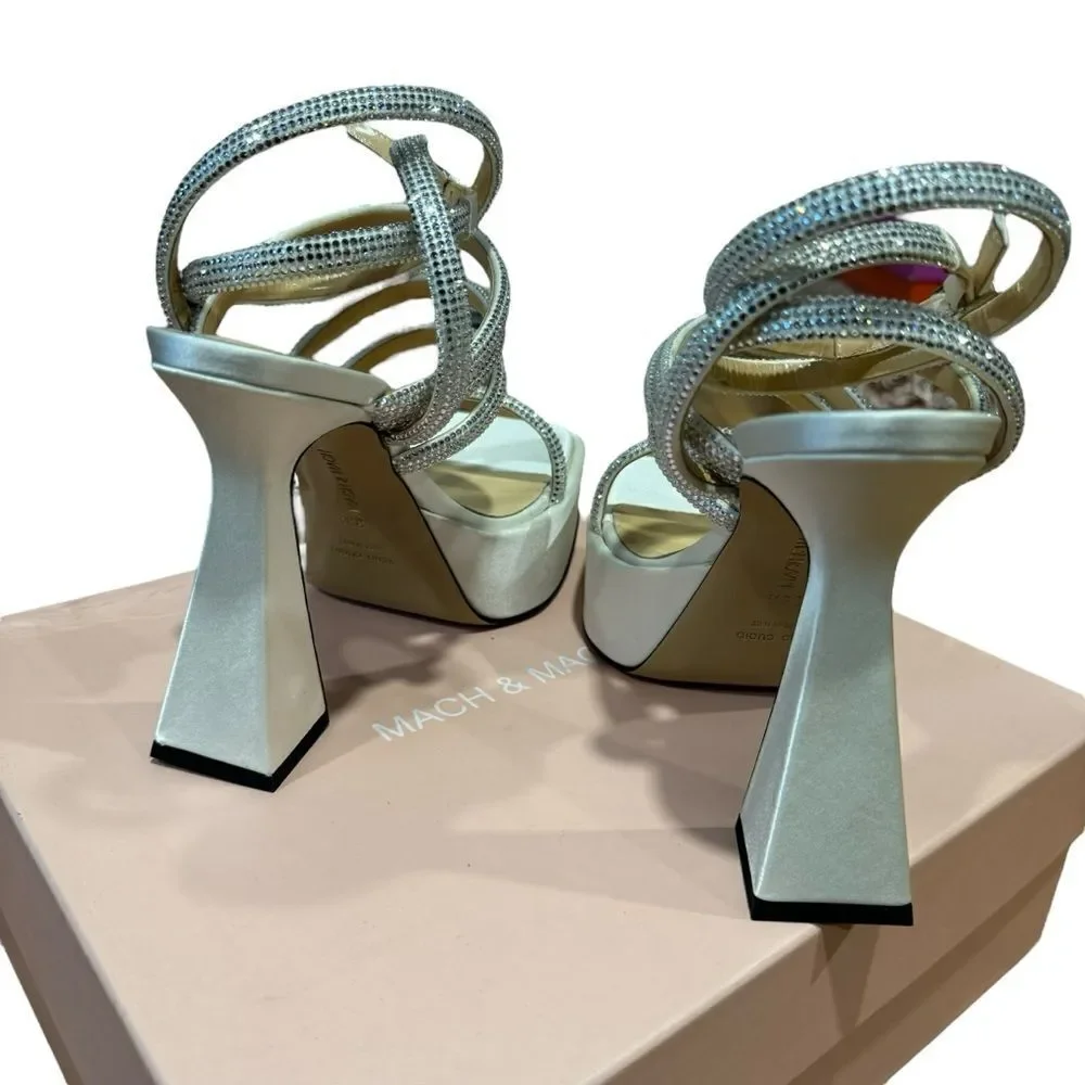 Revolve Mach & Mach White Sydney Embellished Satin Platform Sandals size 39.5